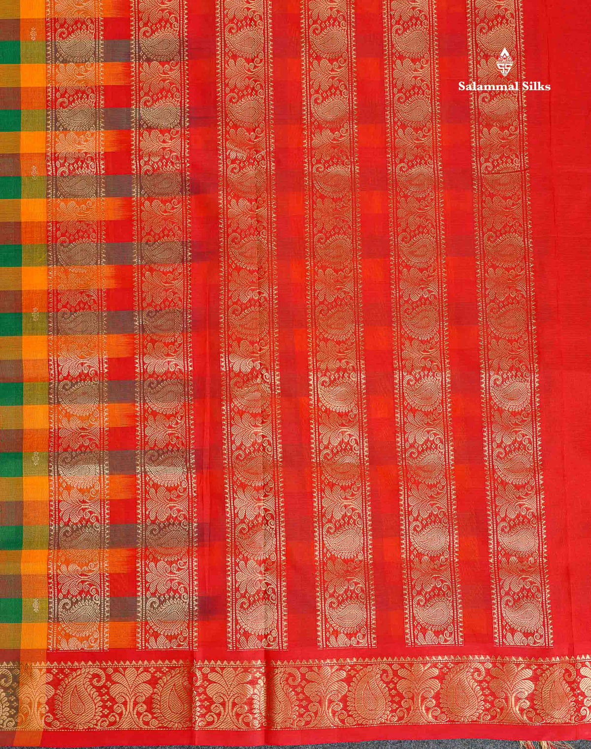 Pure Silk Cotton Saree - Paalum Pazham Checks With Red Border | 10 Yards