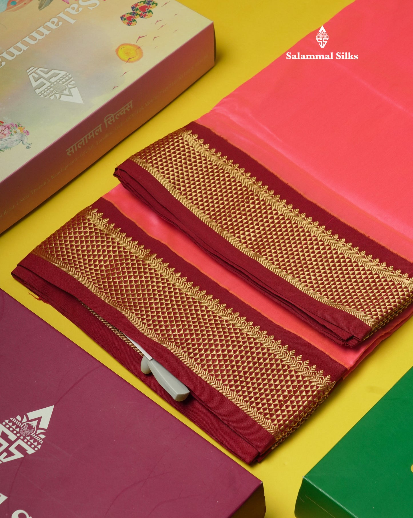 9.5 Yards Semi Silk Saree Light Green with Contrast Maroon Border