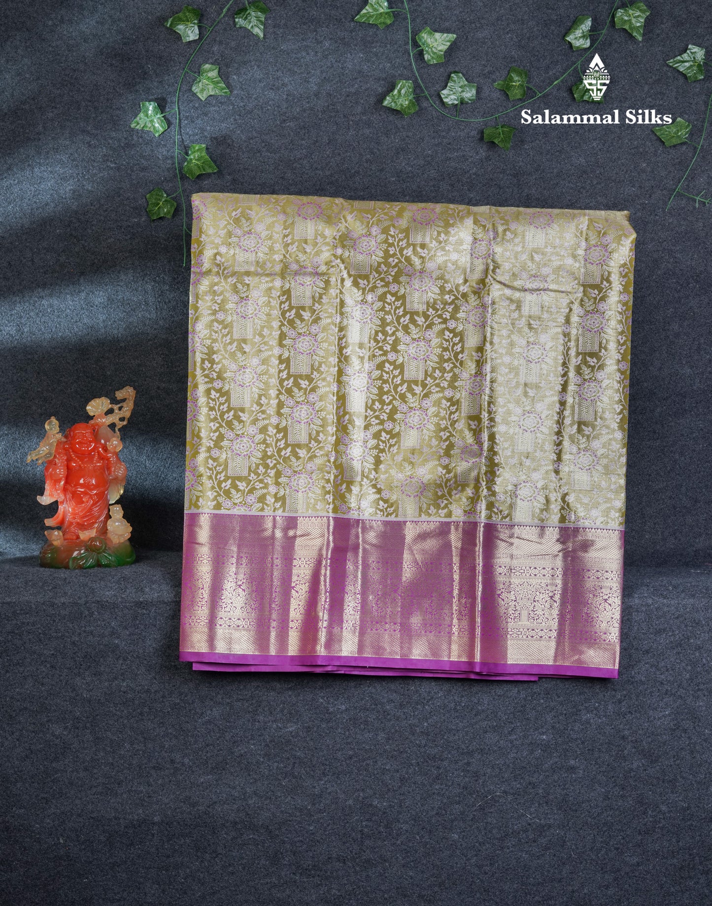 Semi Silk Pattu Pavadai Tissue (Olive Mustard Yellow) With Contrast Dark Purple Blouse 45"