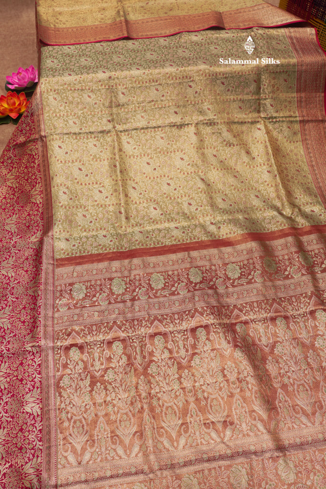 Light Green Bridal Pure Kanjivaram Tissue Silk Saree with Contrast Red Border