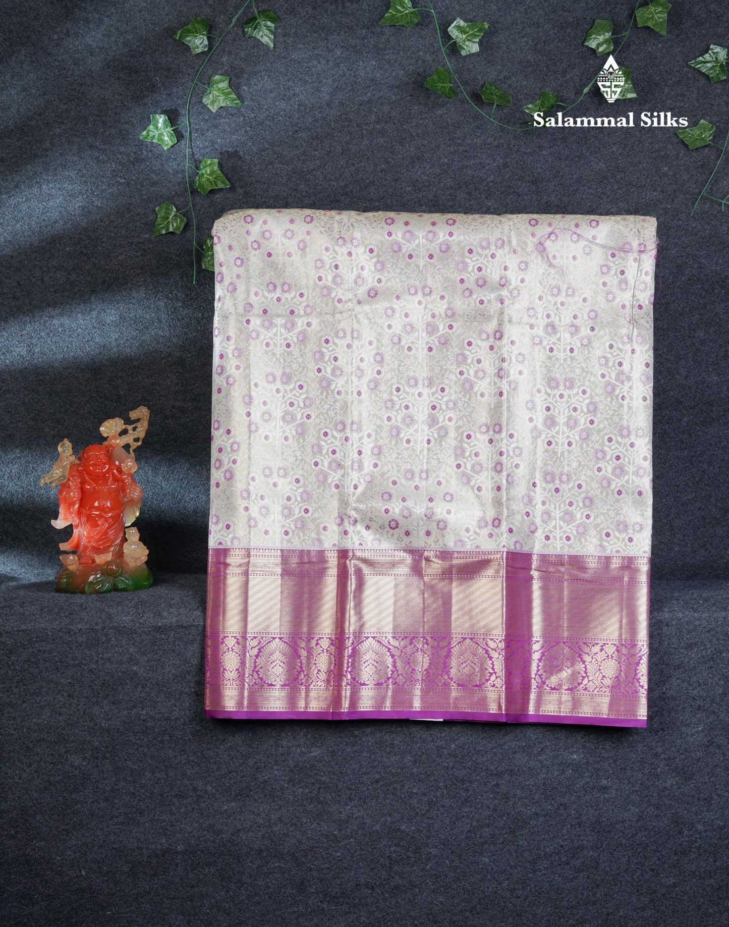 Semi Silk Pattu Pavadai Tissue (Half White) With Contrast Dark Purple Blouse 45"