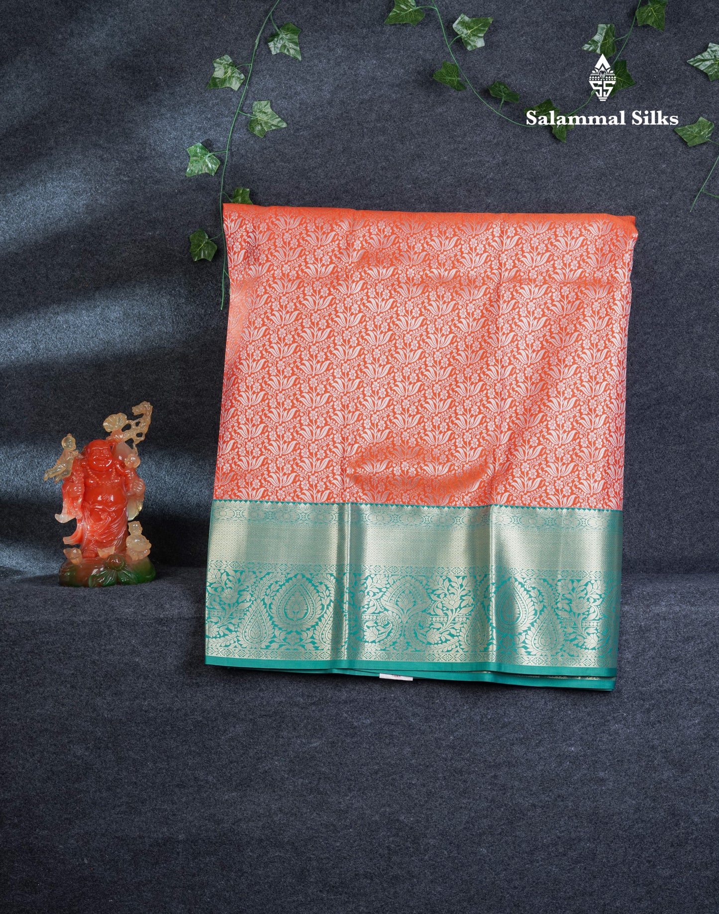 Semi Silk Pattu Pavadai (Pinkish Orange) With Peacock Green Blouse 44"