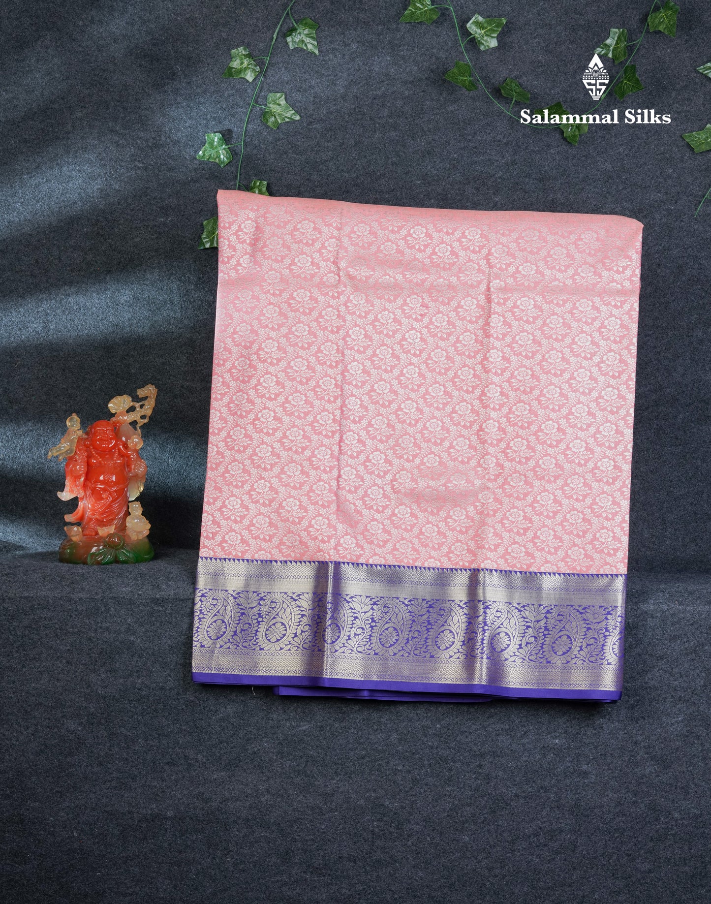 Semi Silk Pattu Pavadai (Peach) With Navy Blue Blouse 44"