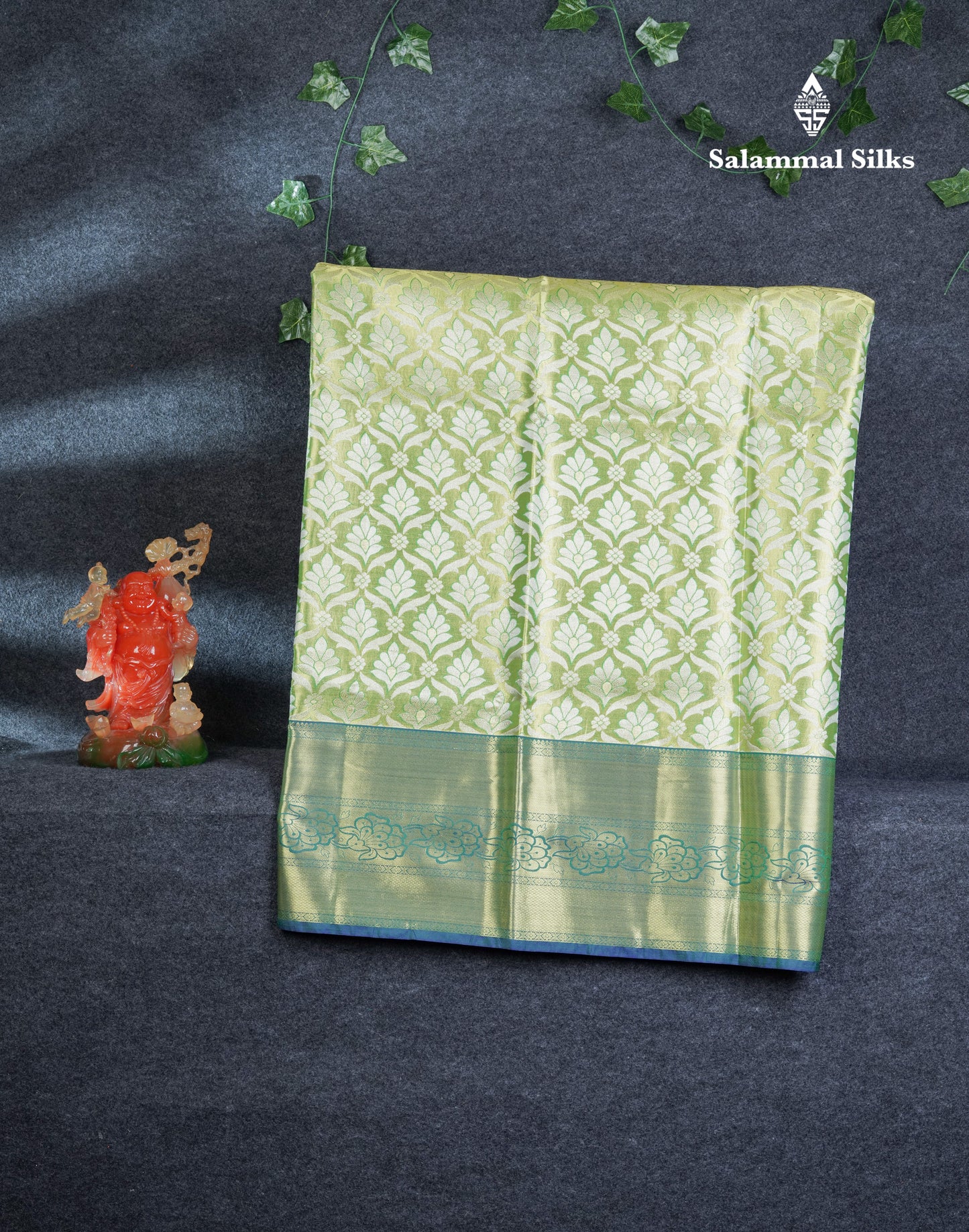Semi Silk Pattu Pavadai (Parrot Green Tissue) With Olive Blue Blouse 44"