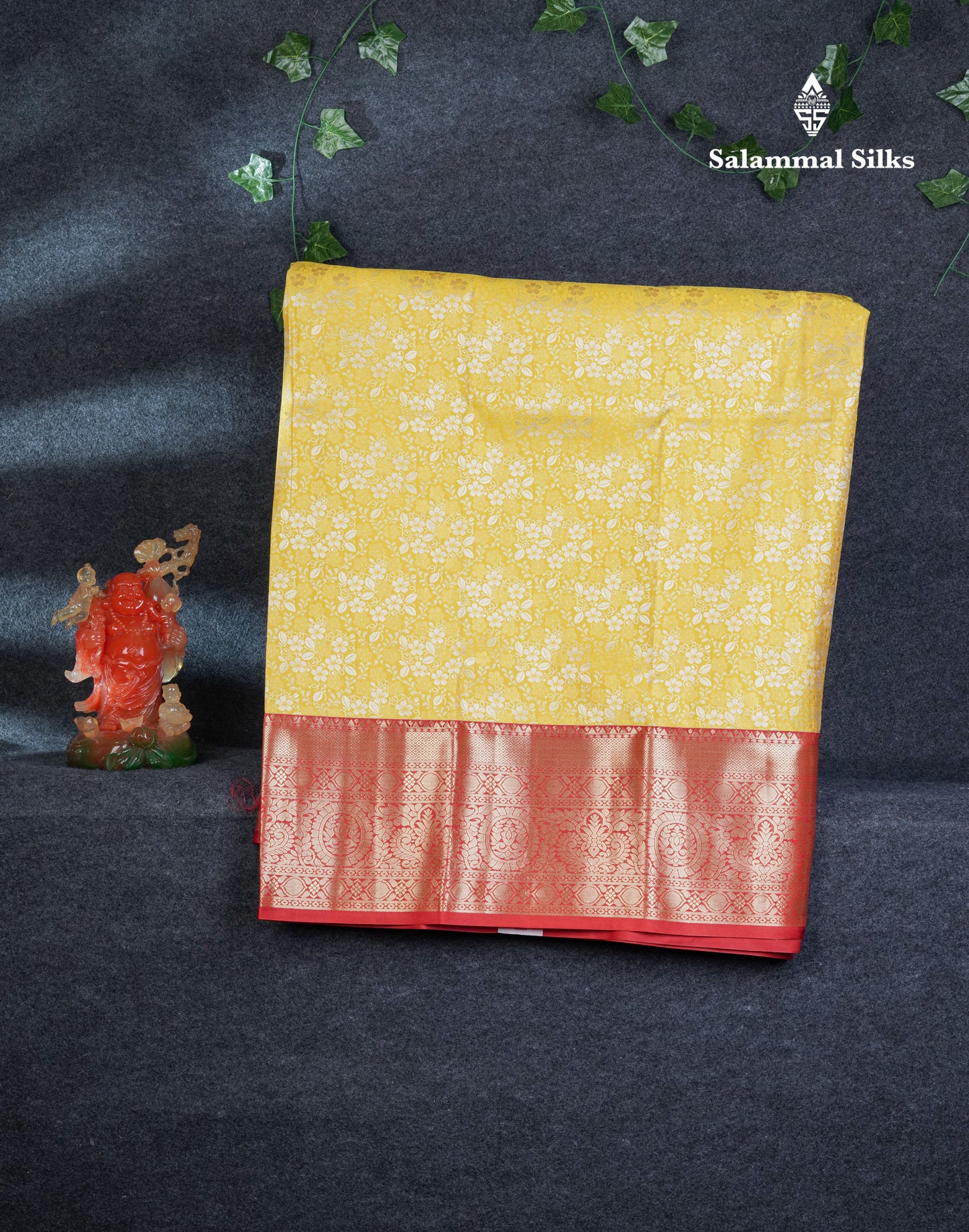 Semi Silk Pattu Pavadai (Yellow) With Contrast Chilly Red Blouse 44"