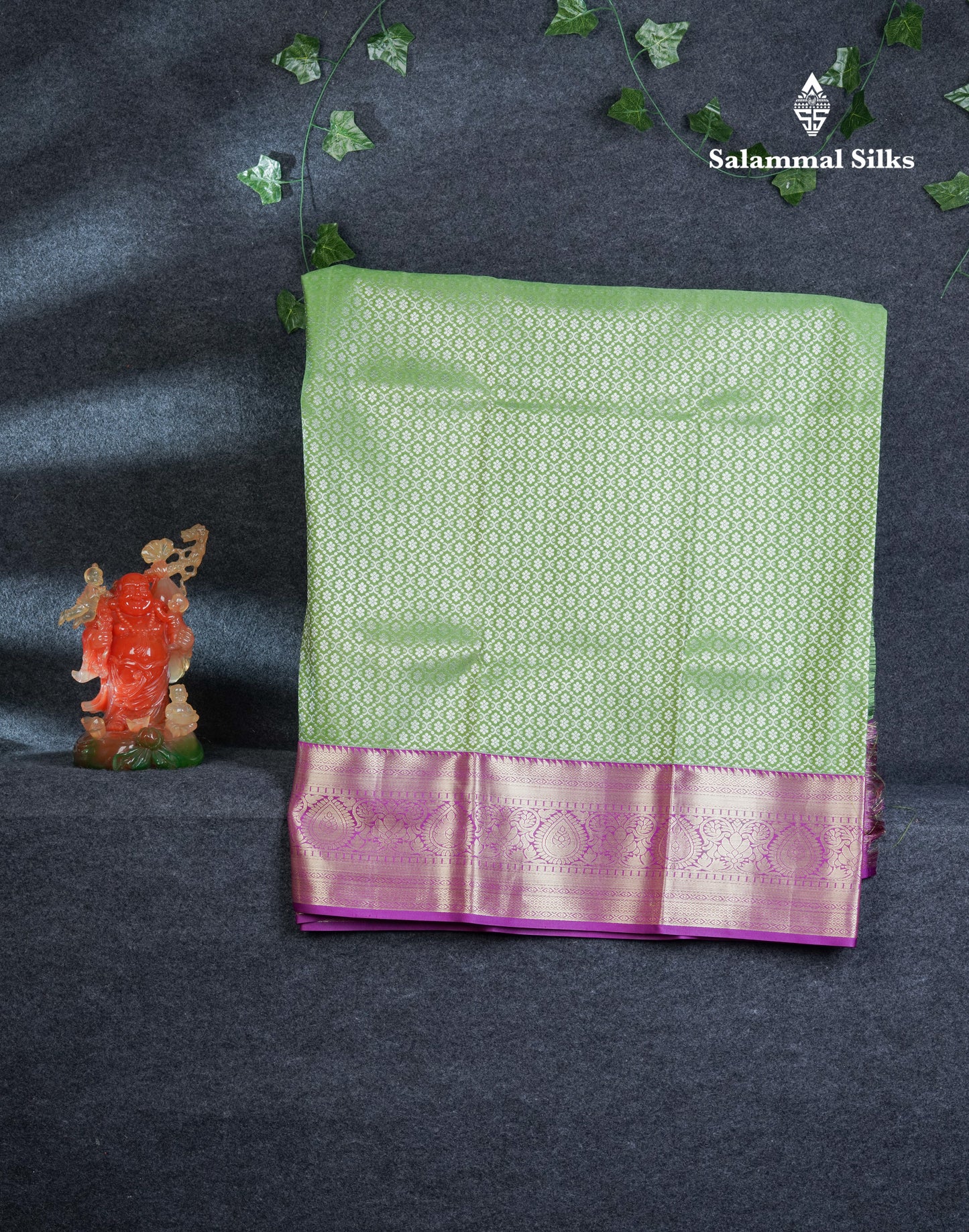 Semi Silk Pattu Pavadai ( Dark Elaichi Green ) With Violet Blouse 44"