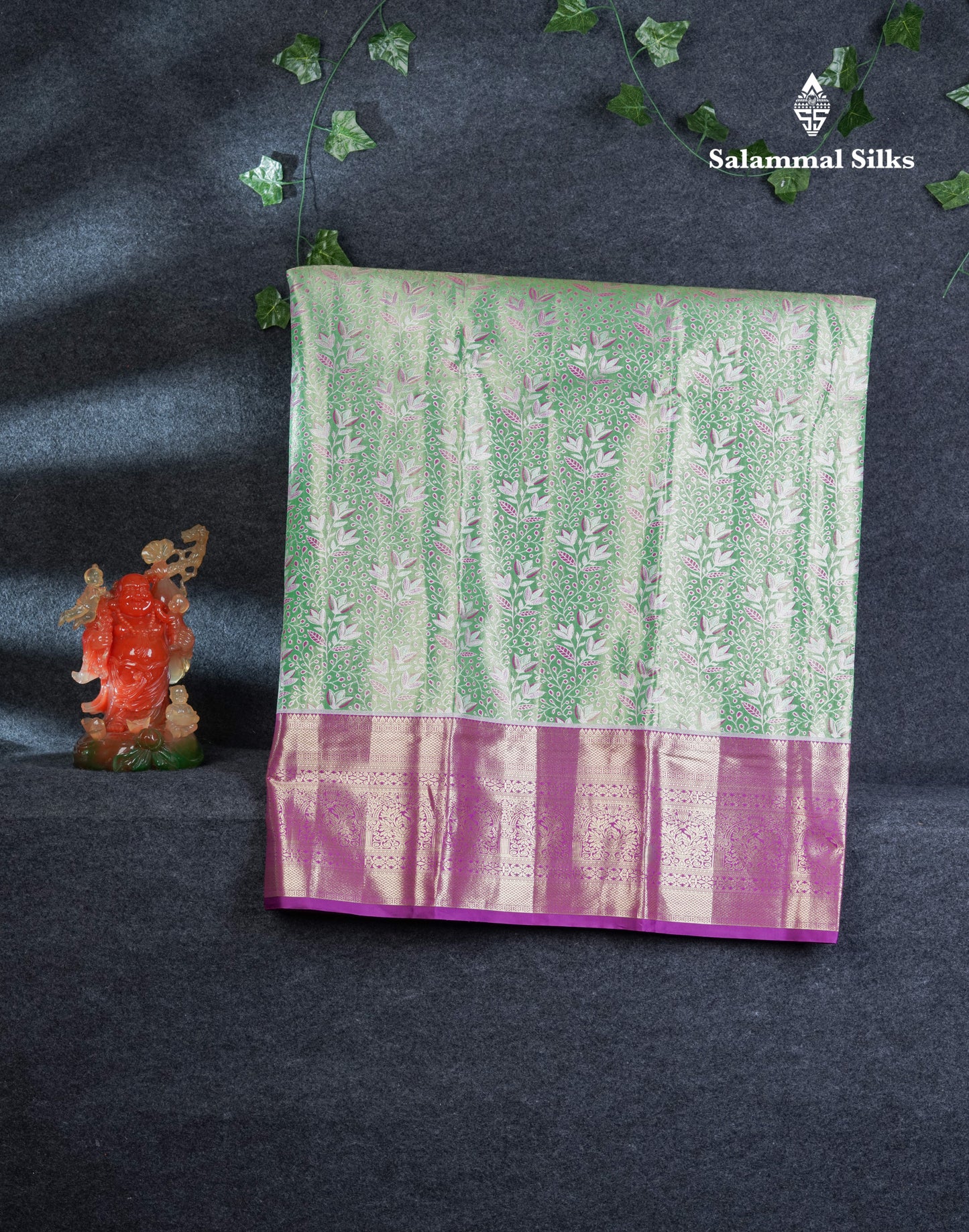 Semi Silk Pattu Pavadai Tissue (Light Green) With Contrast Purple Blouse 45"