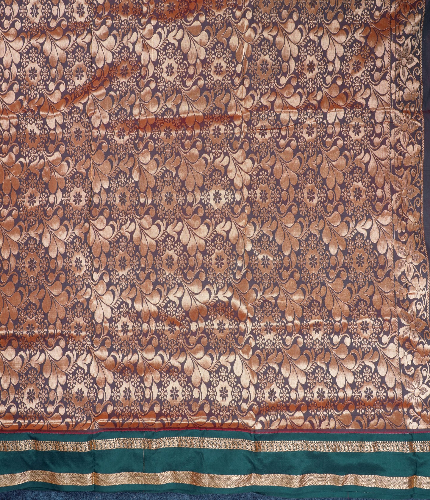 9.5 Yards Semi Silk Saree Orange with Contrast Bottle Green Traditional Rettapet Border
