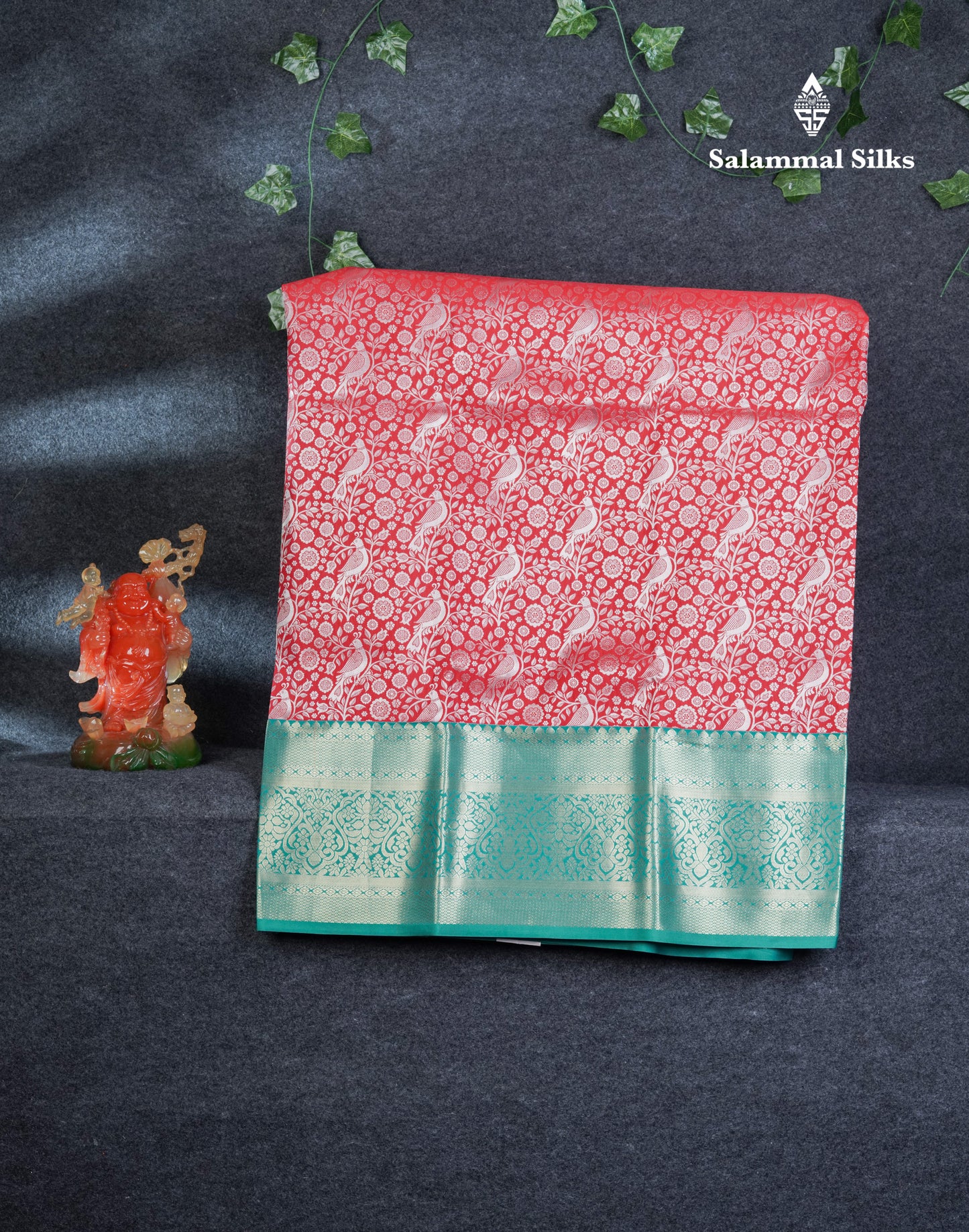 Semi Silk Pattu Pavadai (Tomato Red) With Peacock Green Blouse 44"