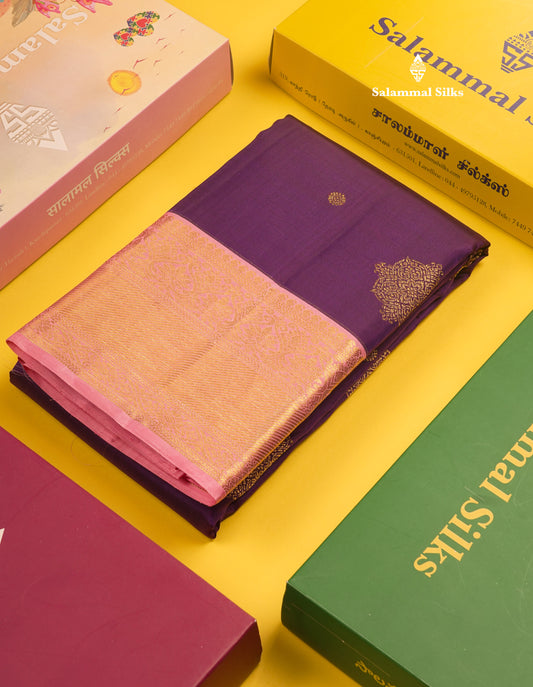 Purple Korvai Pure Kanjivaram Silk Saree with Contrast Light Pink Border