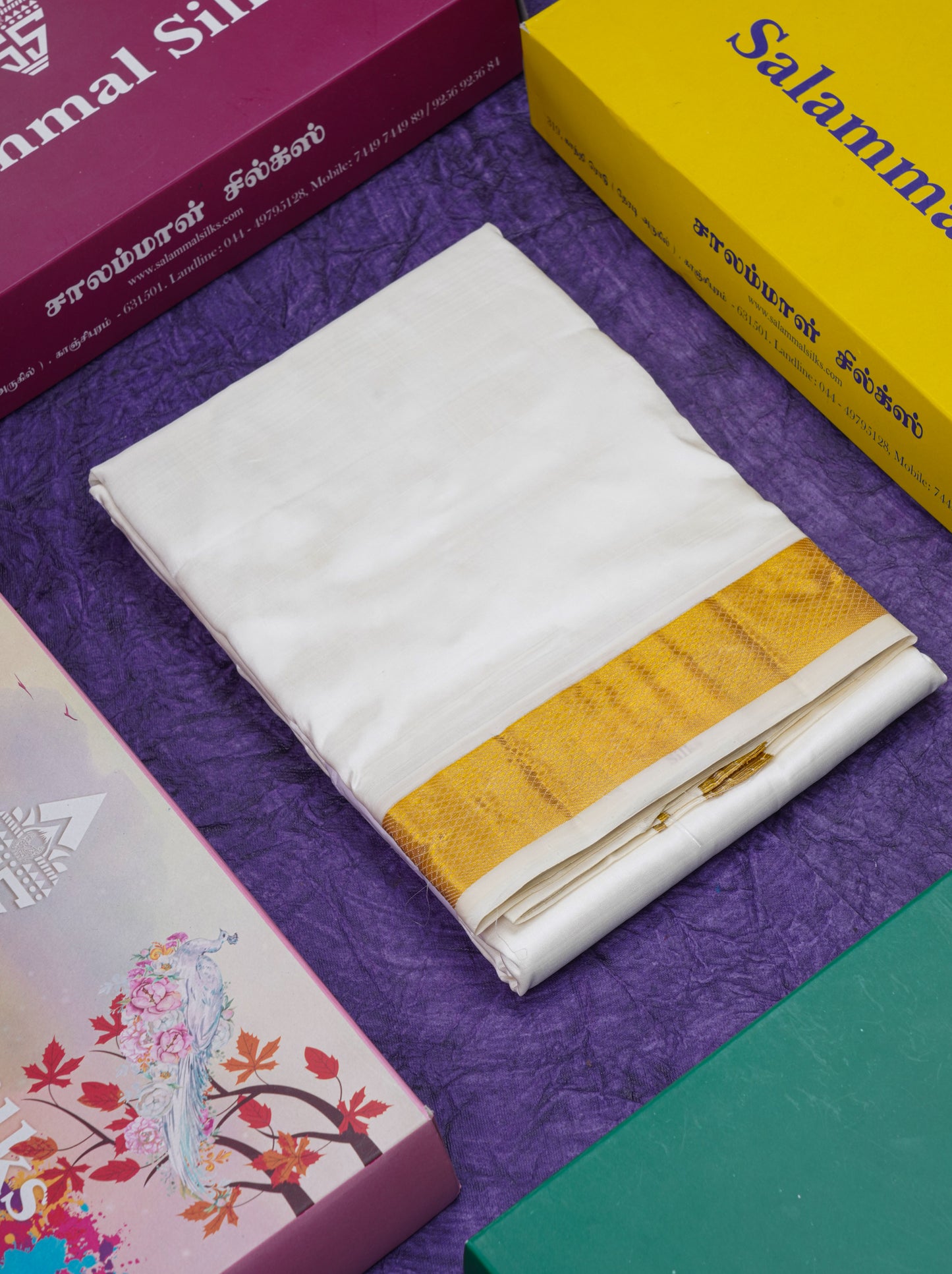 Cream White Pure Silk Dhoti (8) Yards with Gold Zari Border