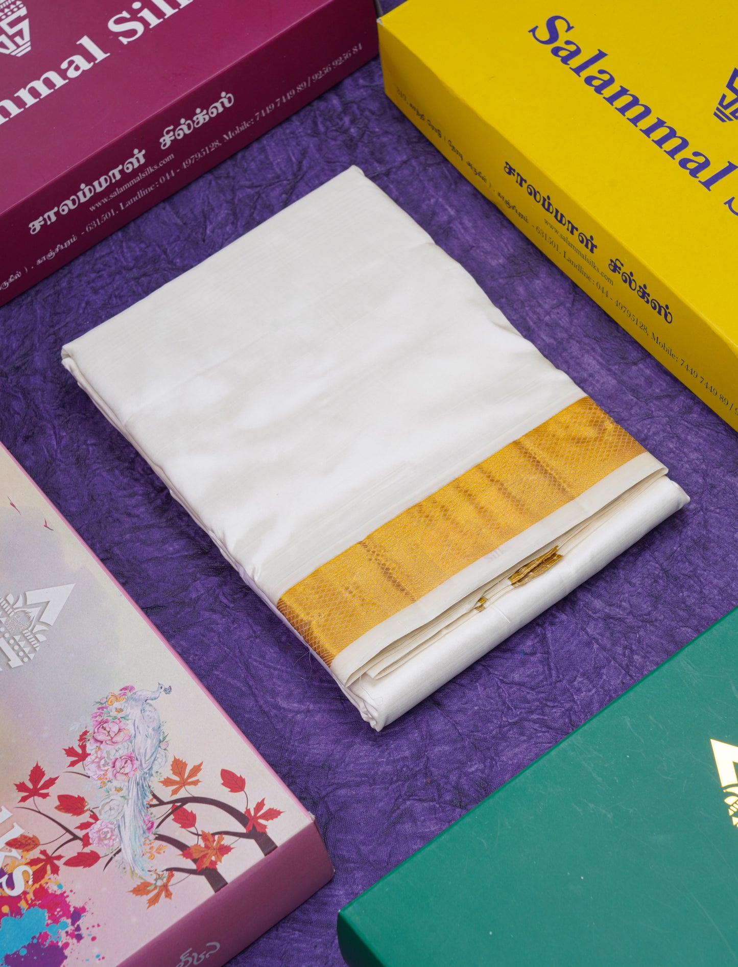 Cream White Pure Silk Dhoti (8x4) Yards with Gold Zari Border