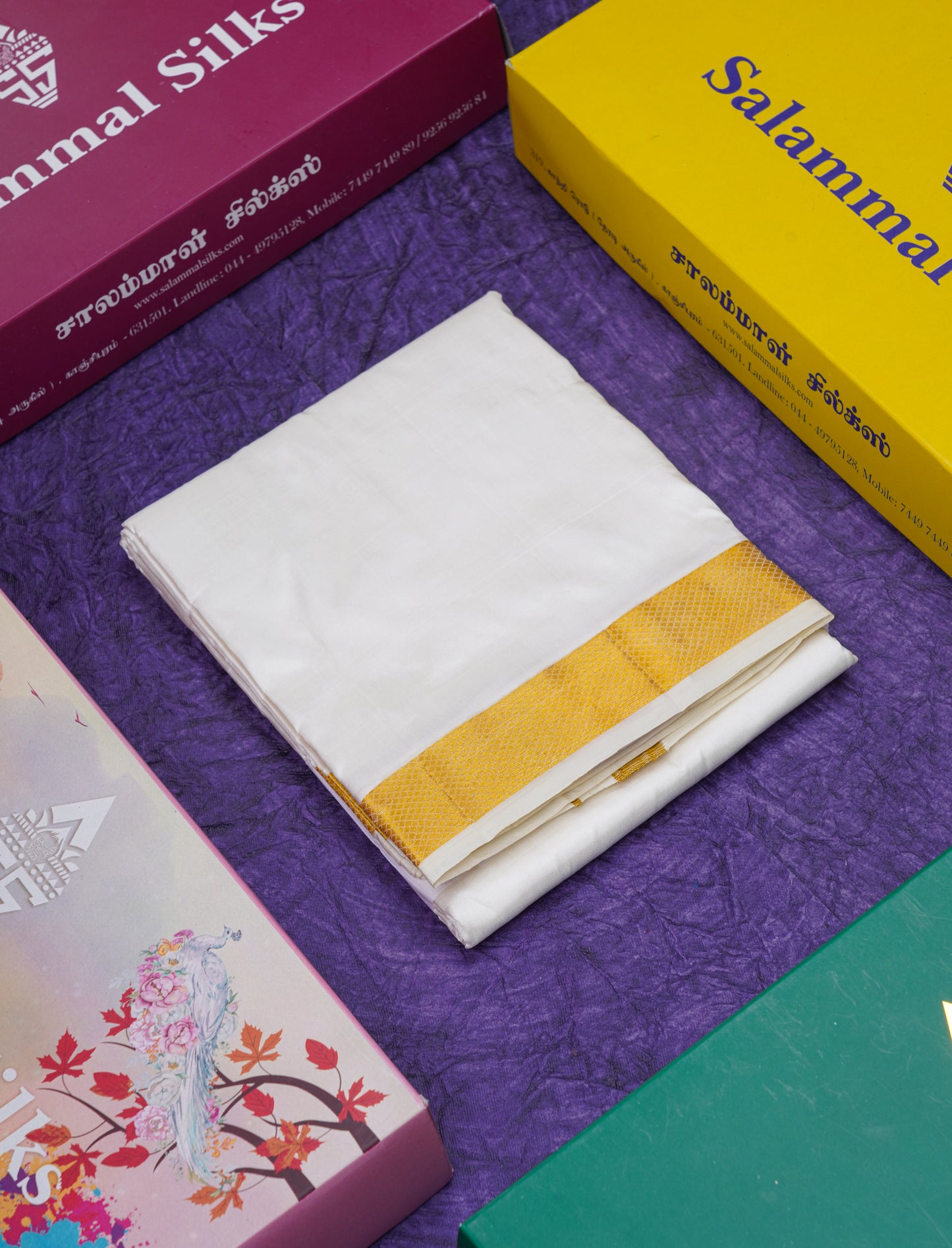 Pure White Pure Silk Dhoti (8) Yards with Gold Zari Border