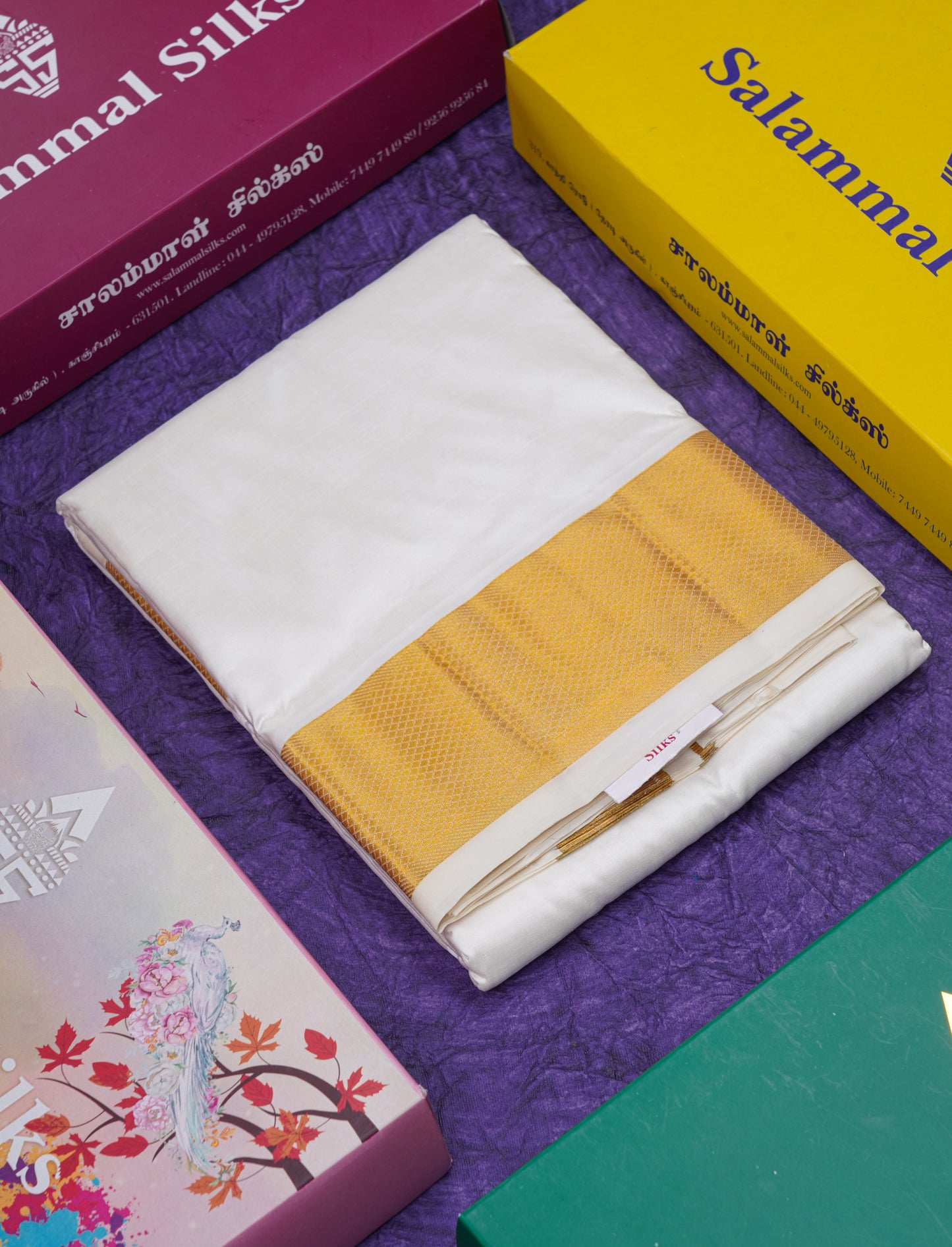 Cream White Pure Silk Dhoti (9x5) Yards with Gold Zari Border