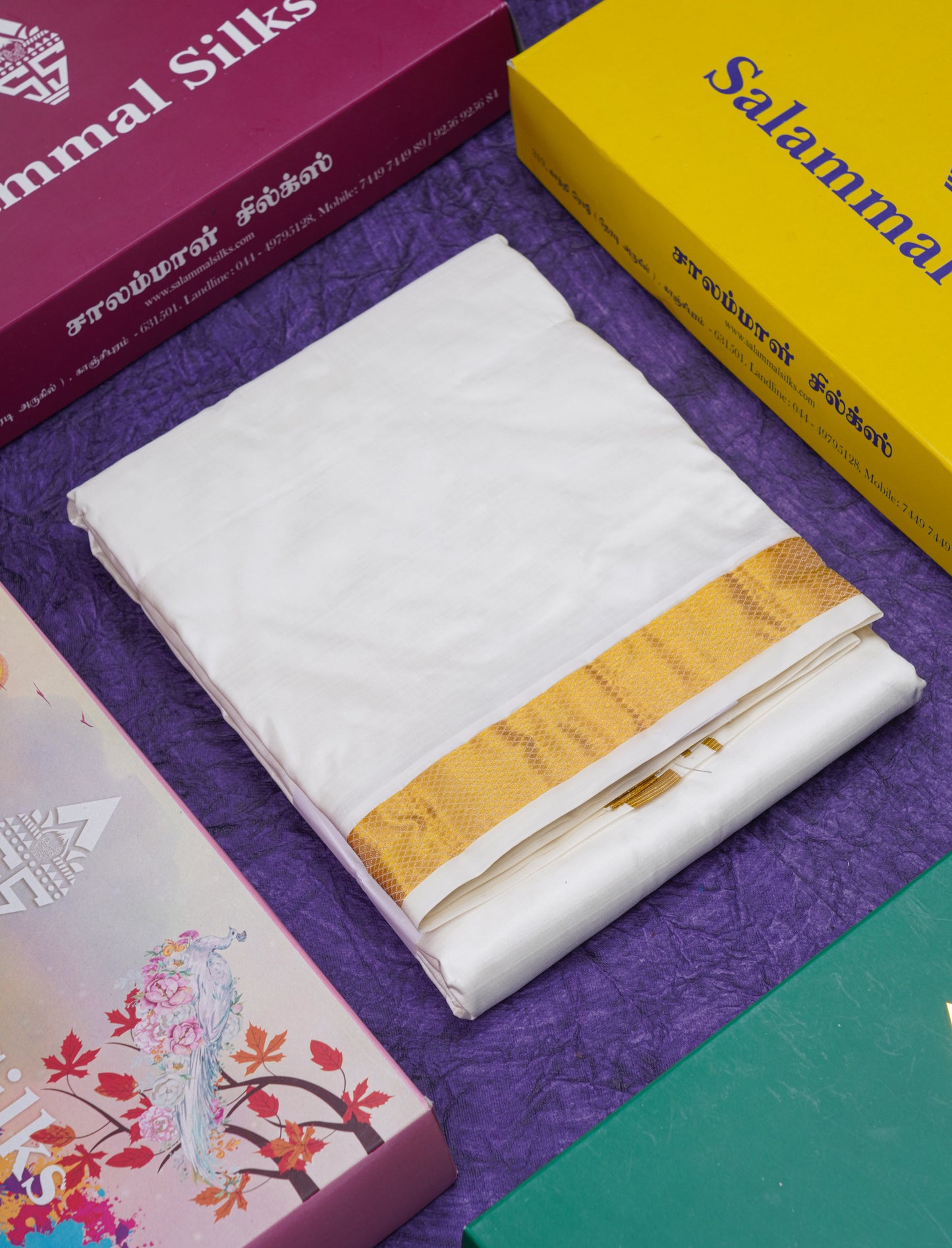 Cream White Pure Silk Dhoti (8) Yards with Gold Zari Border