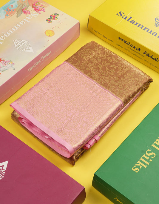 Brown Tissue Bridal Semi Silk Saree With Contrast Baby Pink Border