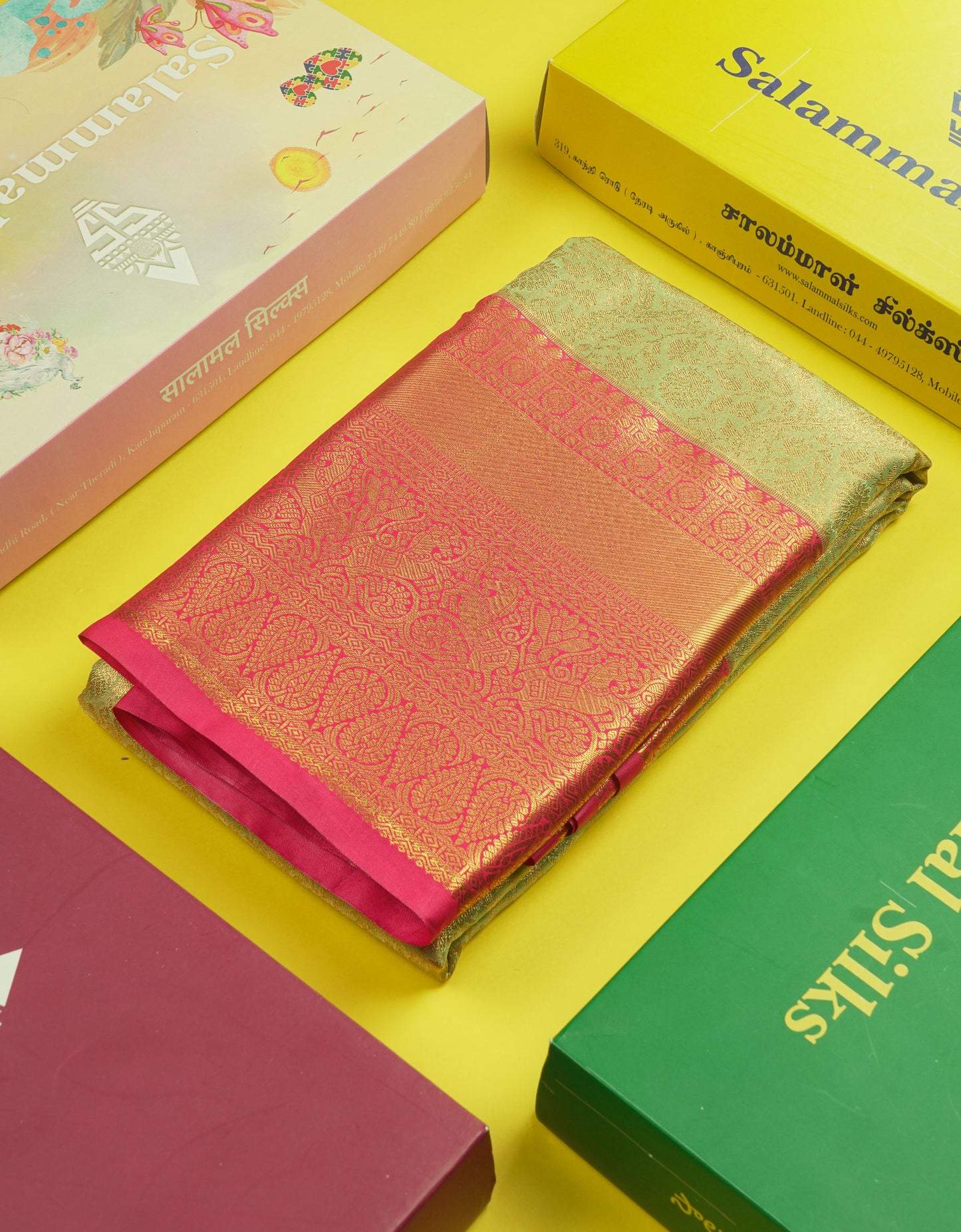 Light Elaichi Green Tissue Bridal Semi Silk Saree With Contrast Pink Border