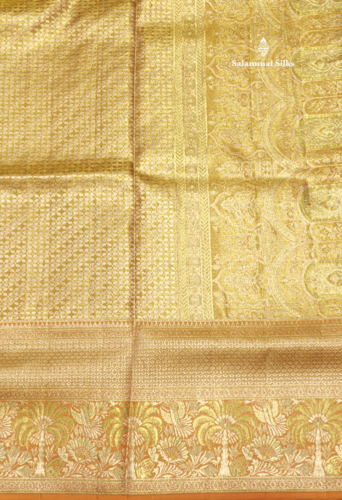 Green Colour Pure Kanjivaram Tissue Silk Saree with Contrast Peach Border