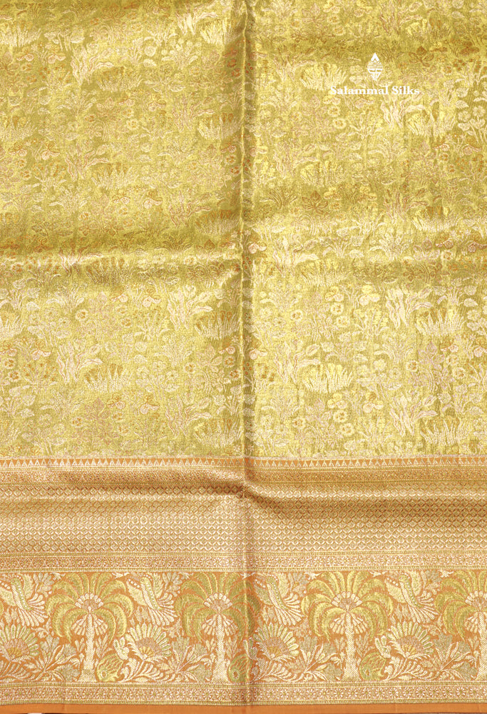 Green Colour Pure Kanjivaram Tissue Silk Saree with Contrast Peach Border