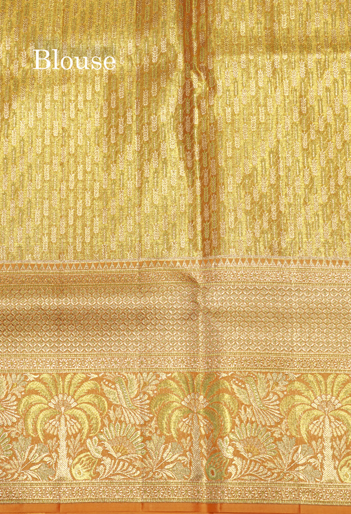 Green Colour Pure Kanjivaram Tissue Silk Saree with Contrast Peach Border