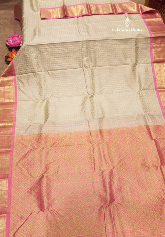 White Colour Pure Kanjivaram Silk Saree With Baby Pink Border