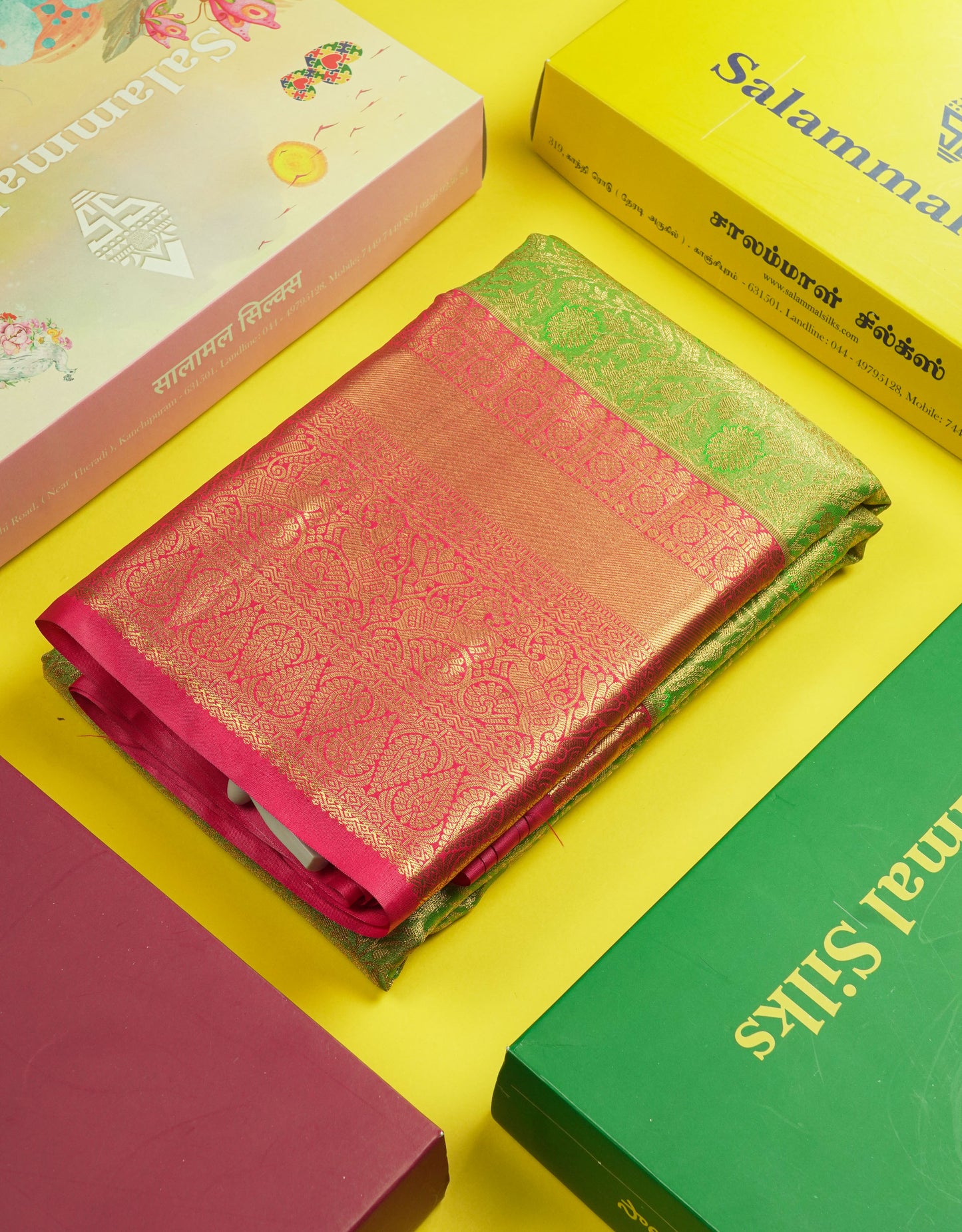 Light Elaichi Green Tissue Bridal Semi Silk Saree With Contrast Pink Border