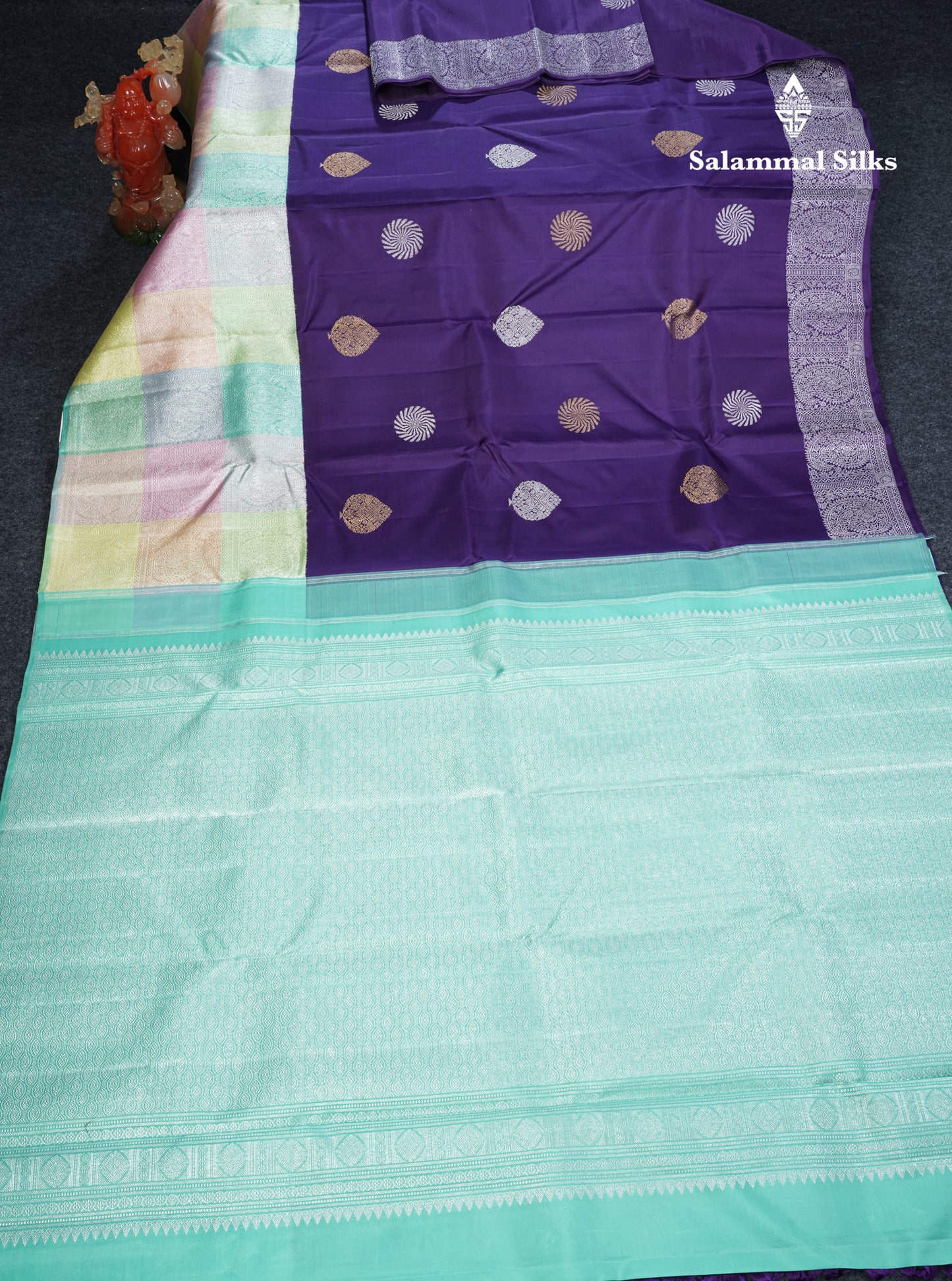 Violet Pure Kanjivaram Silk Saree With Contrast Rexona Fancy Multicolour Checks Border