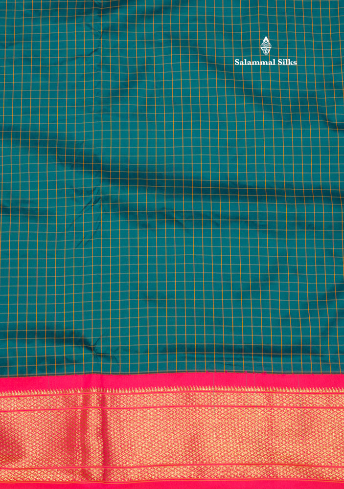 9 Yards Semi Silk Saree Peacock Green Colour with Pink Border