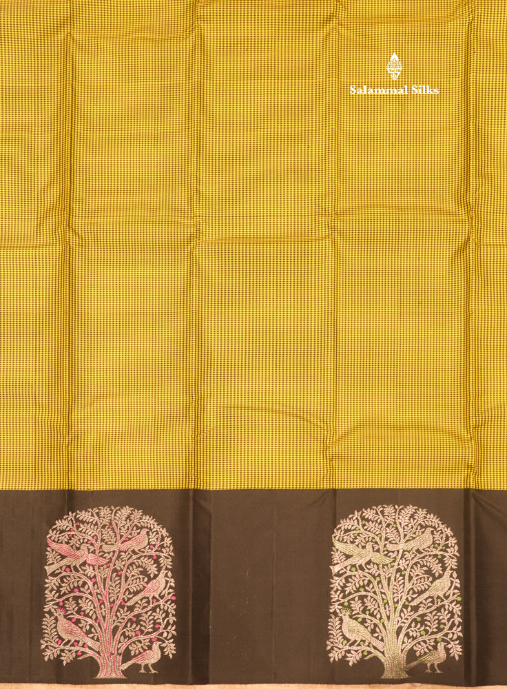 Kanjivaram Tiny Checks White & Black Pure Silk Saree With Contrast Black Border