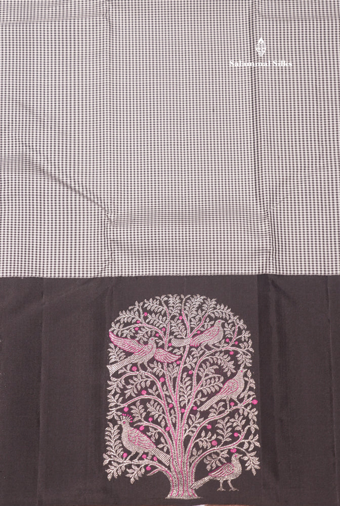 Kanjivaram Tiny Checks White & Black Pure Silk Saree With Contrast Black Border