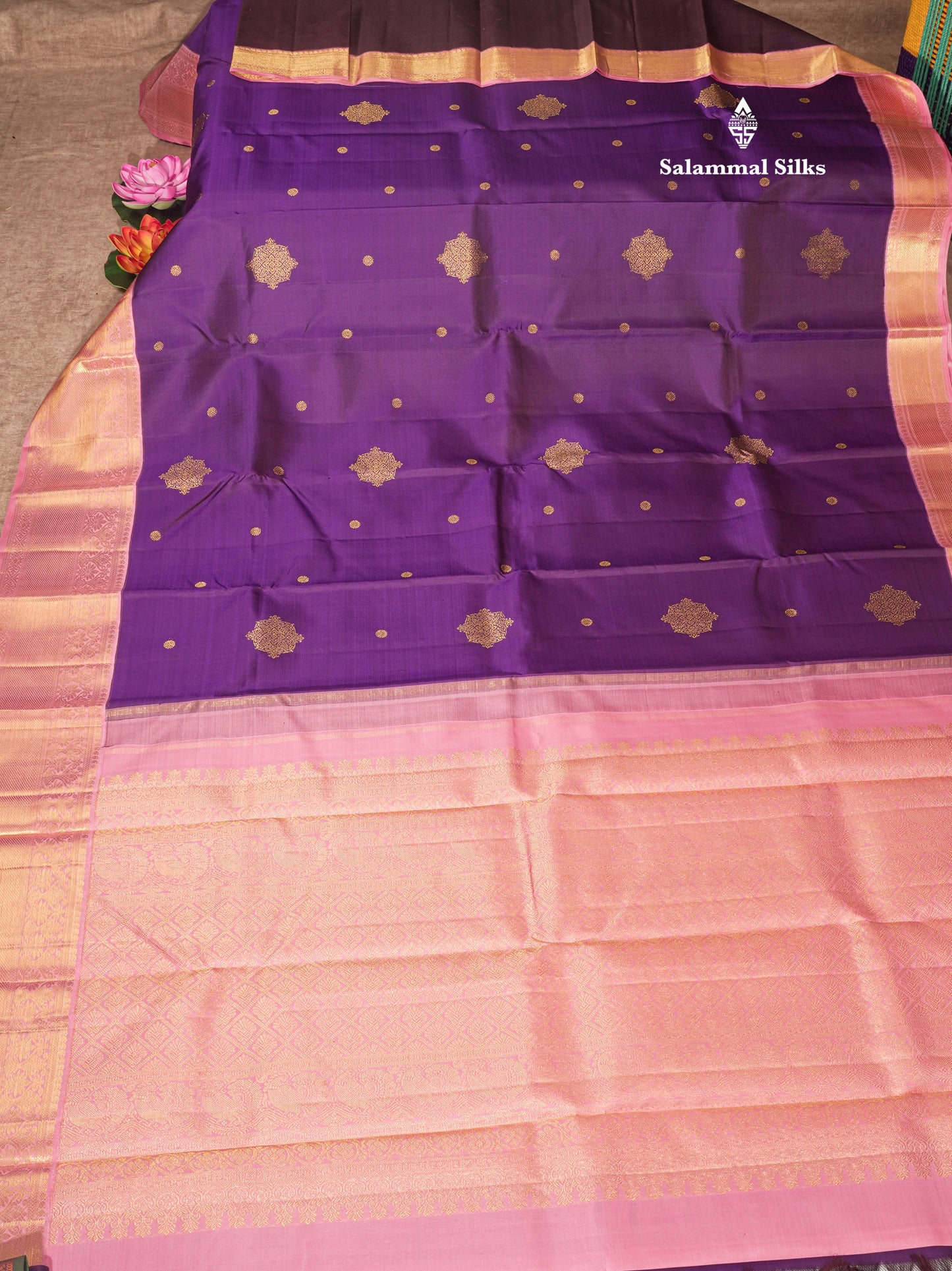 Purple Korvai Pure Kanjivaram Silk Saree with Contrast Light Pink Border