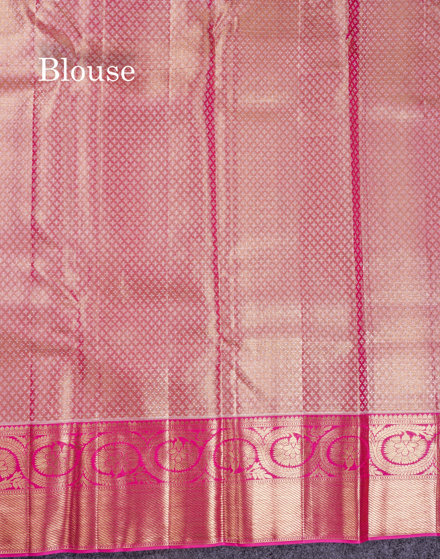 Beautiful Peach Pink Tissue Bridal Menakari Work Pure Kanjivaram Silk Saree With Contrast Magenta Pink Traditional Border