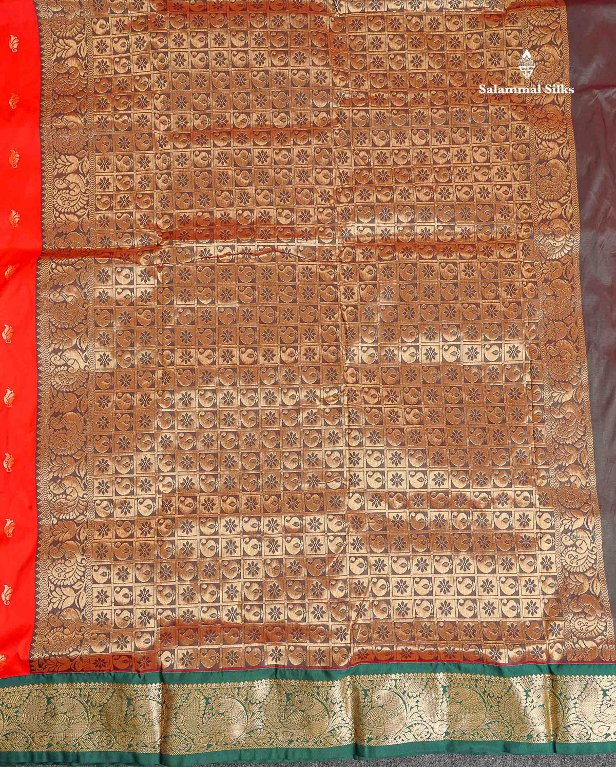 Semi Silk Saree - Chilly Red Colour Body Zari Butta With Bottle Green Border | 9.5 Yards