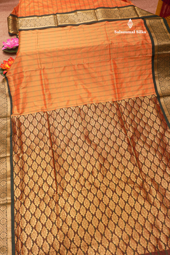 9 Yards Semi Silk Saree Orange Colour with Bottle Green Border