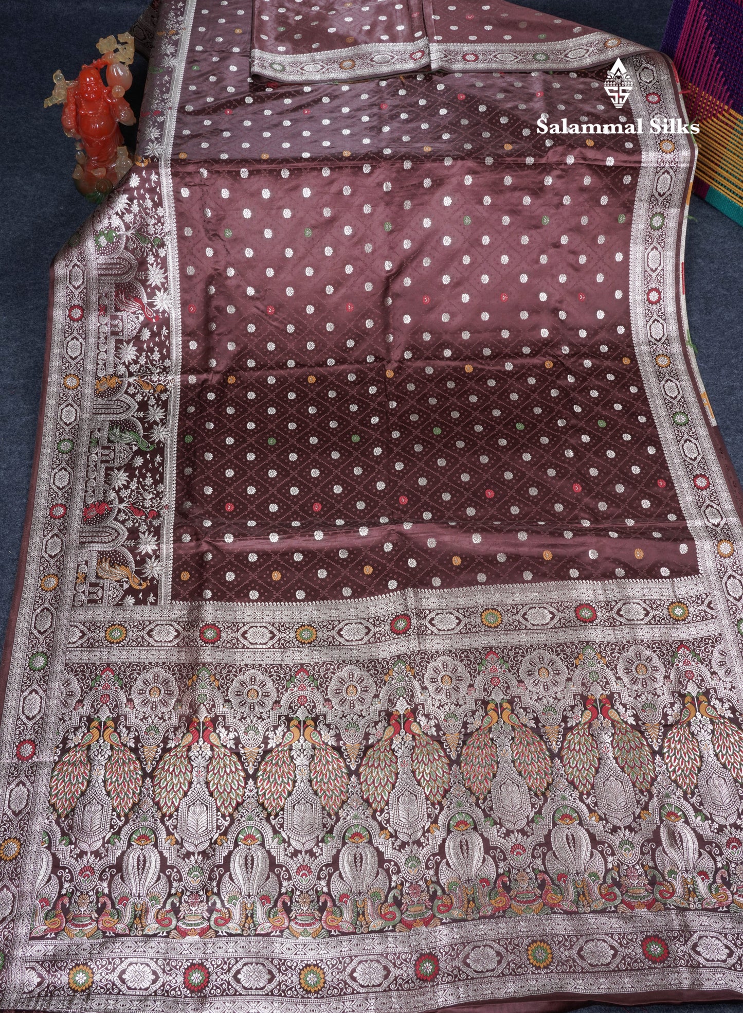 Beautiful Brown Meenakari Work Russian Silk Saree With Fancy Self Border