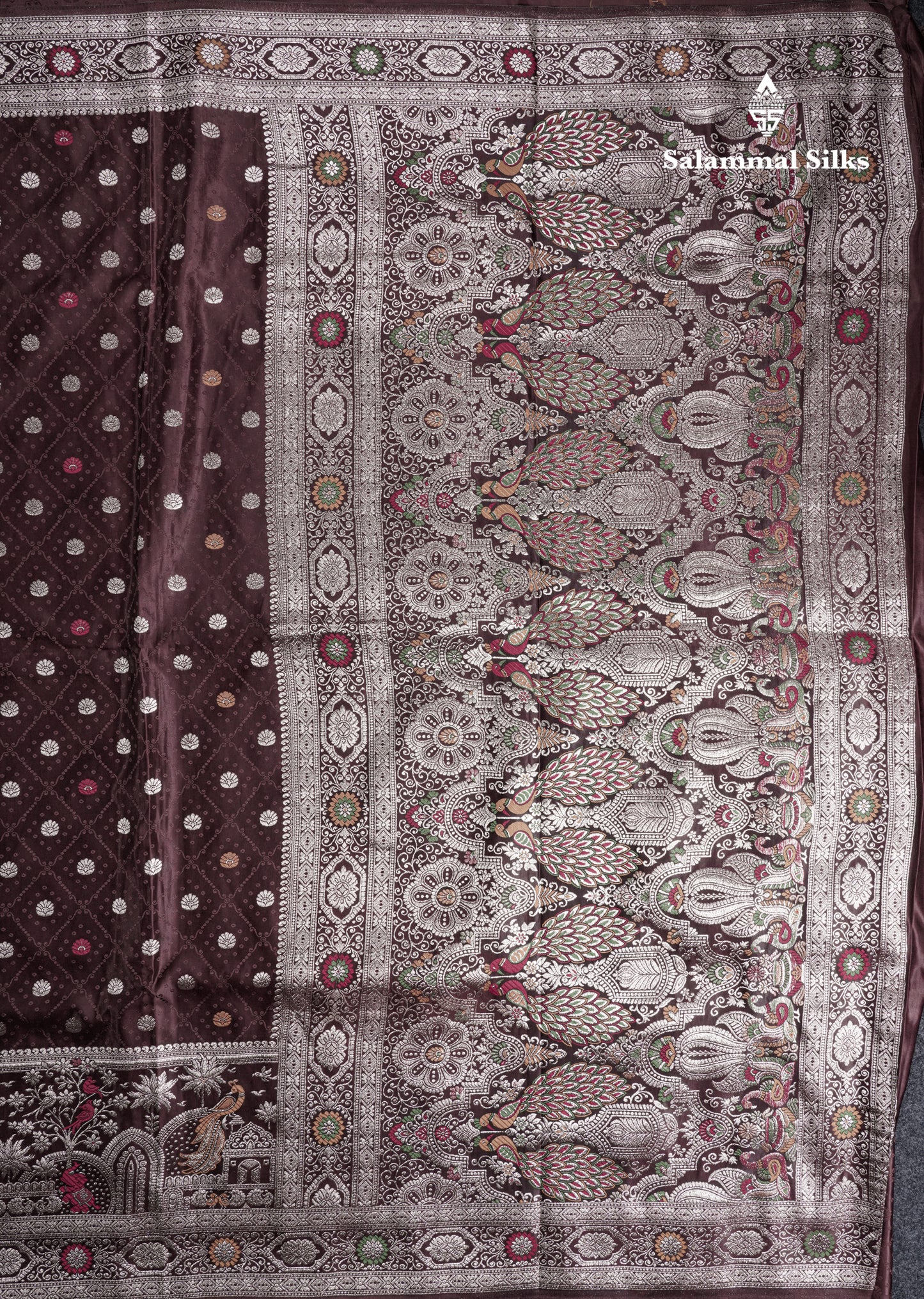 Beautiful Brown Meenakari Work Russian Silk Saree With Fancy Self Border