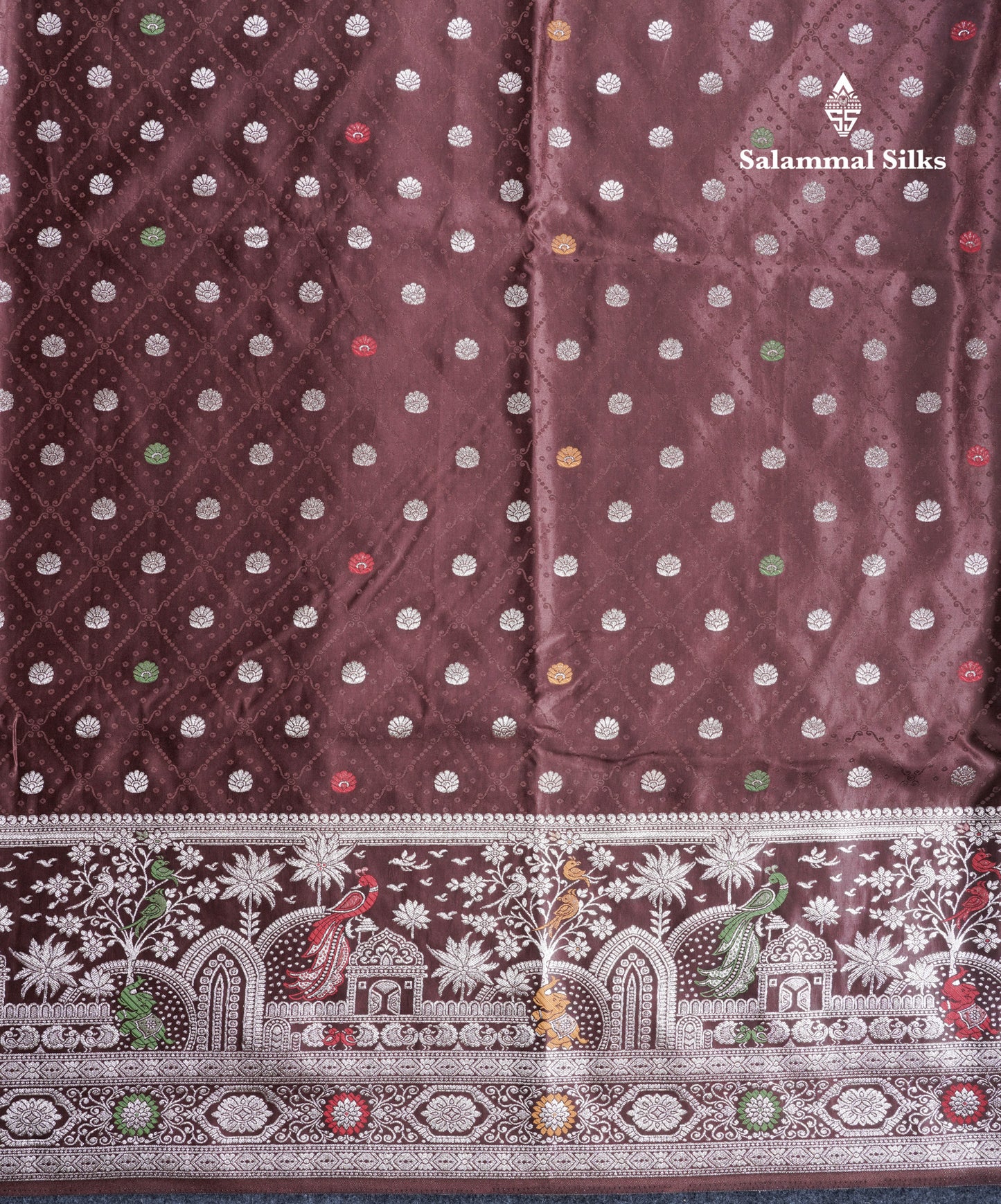 Beautiful Brown Meenakari Work Russian Silk Saree With Fancy Self Border
