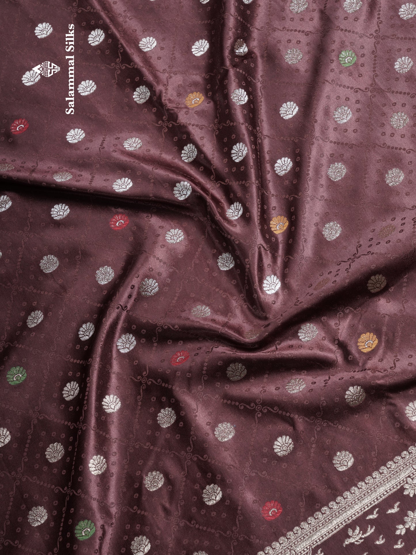 Beautiful Brown Meenakari Work Russian Silk Saree With Fancy Self Border