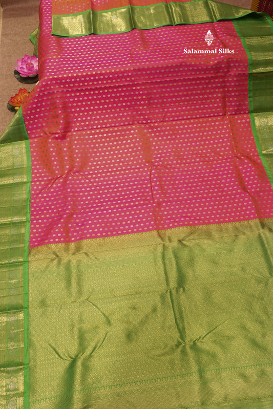 Pinkish Orange Colour Pure Kanjivaram Silk Saree With Contrast Parrot Green Border