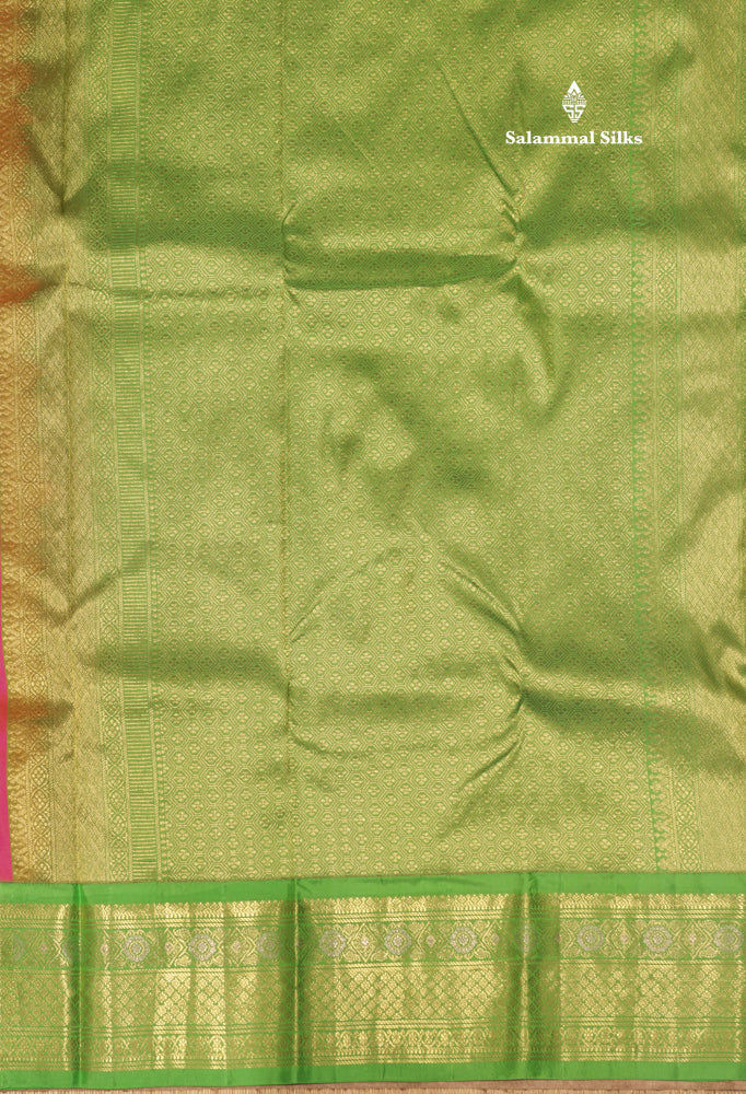 Pinkish Orange Colour Pure Kanjivaram Silk Saree With Contrast Parrot Green Border