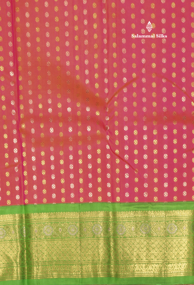 Pinkish Orange Colour Pure Kanjivaram Silk Saree With Contrast Parrot Green Border