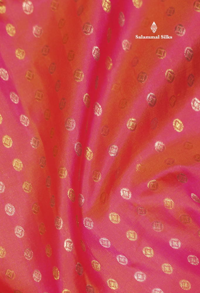 Pinkish Orange Colour Pure Kanjivaram Silk Saree With Contrast Parrot Green Border