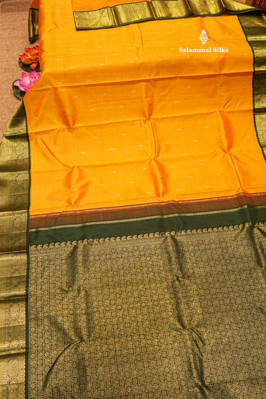 Korvai Mango Yellow Pure Kanjivaram Silk Saree With Contrast Bottle Green Border