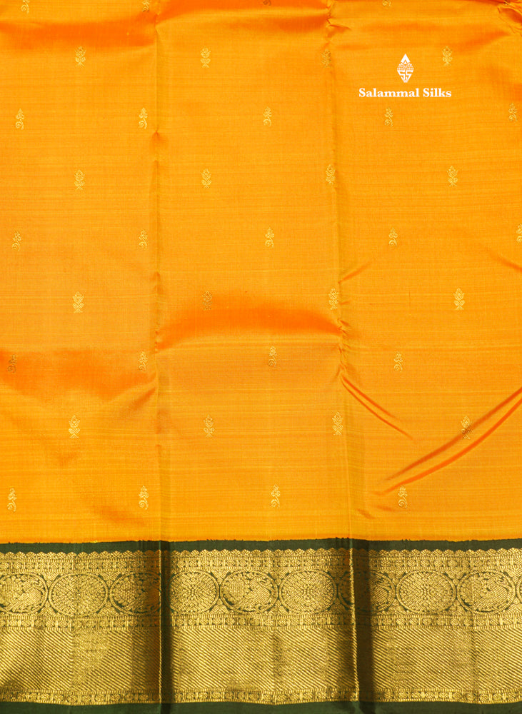 Korvai Mango Yellow Pure Kanjivaram Silk Saree With Contrast Bottle Green Border