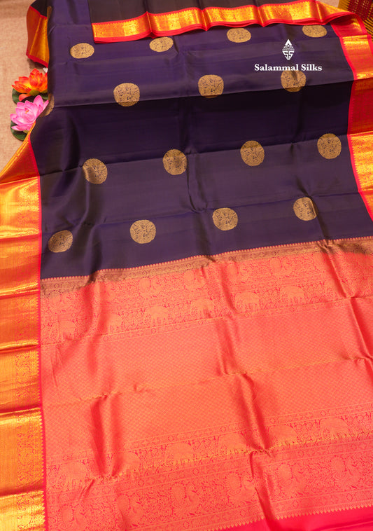 Dark Navy Blue Colour Pure Kanjivaram Silk Saree With Contrast Pinkish Red Border