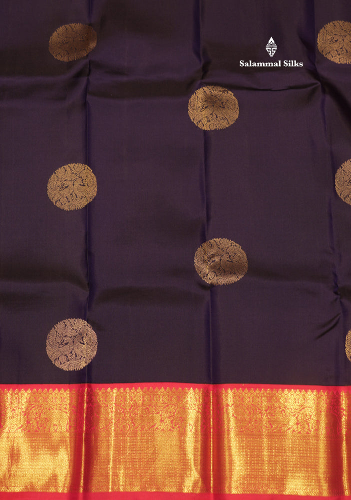 Dark Navy Blue Colour Pure Kanjivaram Silk Saree With Contrast Pinkish Red Border