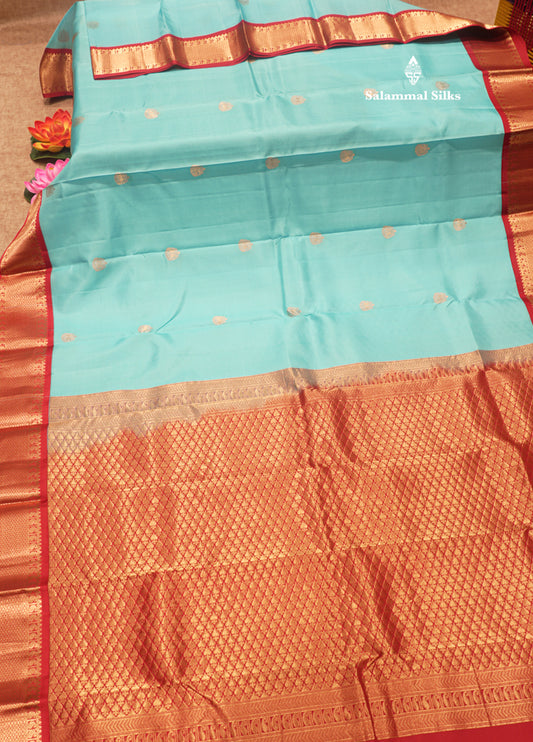Sky Blue Colour Pure Kanjivaram Silk Saree With Contrast Maroon Border