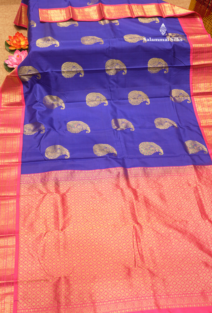 Royal Blue Colour Pure Kanjivaram Silk Saree With Pink Border
