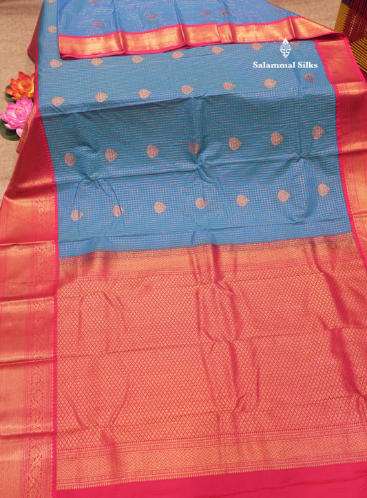 Blue Colour Small Checks Semi Silk Saree With Pink Border