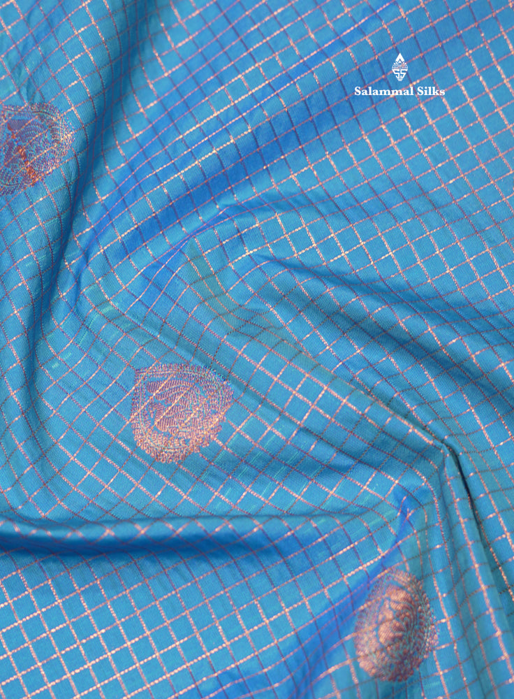 Blue Colour Small Checks Semi Silk Saree With Pink Border